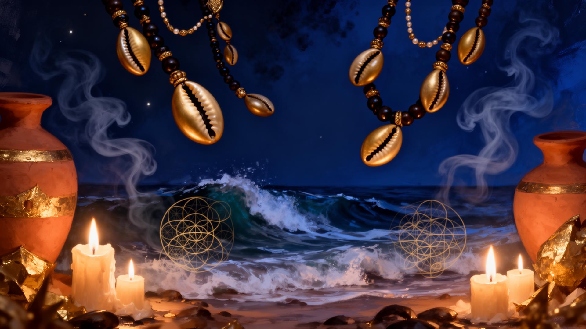 Cowrie shells, candles and ocean waves under indigo night